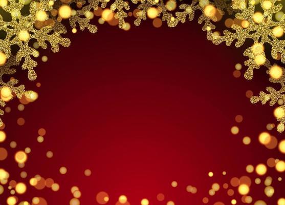 Christmas banner with golden snowflakes and bright glitter. Gold glitter and bright bokeh. New Year 2022 Realistic illustration on red background. vector.