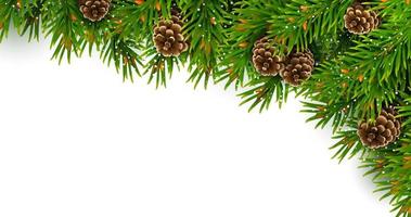 Corner frame of evergreen spruce branches, pine cones and snowflakes. For Christmas decorations and greeting card designs. Isolated on a white background. Realistic vector illustration.