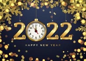 banner de navidad con reloj, copos de nieve y números 2022. brillo dorado y bokeh brillante. Ilustración realista 3d sobre un fondo negro. vector. vector