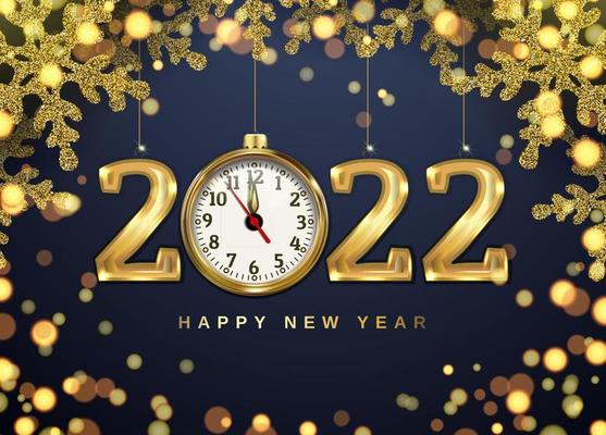 Christmas banner with clock, snowflakes and numbers 2022. Gold glitter and bright bokeh. 3D realistic illustration on a black background. vector.