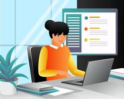 Girl working in office with laptop with files vector