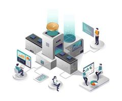 The machine creates bitcoin in isometric design vector