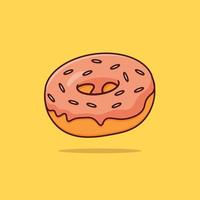Donut with pink glaze isolated on white yellow background. Vector illustration in a cartoon style. Logo for cafes, restaurants, coffee shops, catering.