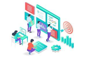 the concept of isometric flat illustration seo optimization and analyst data