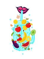 Ilustración de verduras y frutas en un vaso transparente para un batido con una pajita. vector. patrón de productos ecológicos. imagen para un menú de bar de batidos o un café vegetariano. vector