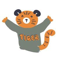 Hand drawn tiger in a sweater with the inscription TIGER. vector