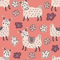 Doodle seamless pattern of cute alpacas and flowers. vector