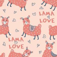 Romantic seamless pattern with lamas, hearts and text LAMA LOVE. vector