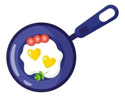 Breakfast in a frying pan. Omelet with herbs and tomatoes. vector