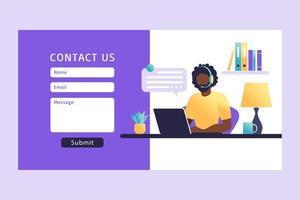 Contact Us Form Template for Web. African man Customer Service Agent with Headset Talking with Client. Landing Page. Online Customer Support . Vector Illustration.