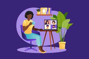 Online meeting via group call. People on computer screen speaking with colleague or friend. Illustrations concept video conference, online meeting or work from home. Vector illustration in flat style.