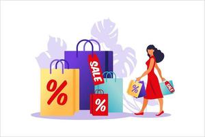 mujer joven va con bolsas de papel. concepto de compras en línea y fuera de línea, venta, descuento. ilustración vectorial para banner web, infografía, móvil. ilustración en estilo plano. vector