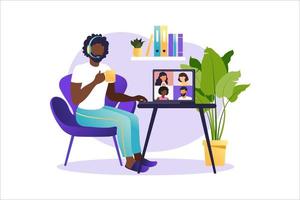 Online meeting via group call. People on computer screen speaking with colleague or friend. Illustrations concept video conference, online meeting or work from home. Vector illustration in flat style.