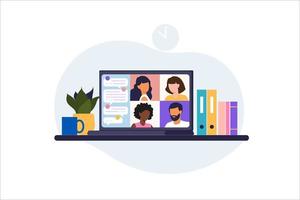 Online meeting via group call. People on computer screen speaking with colleague or friend. Illustrations concept video conference, online meeting or work from home. Vector illustration in flat.