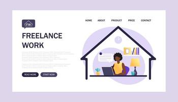 Online assistant landing page. african american woman with headphones with computer. Concept illustration for support, assistance, call center. Virtual help service. Vector illustration in flat.