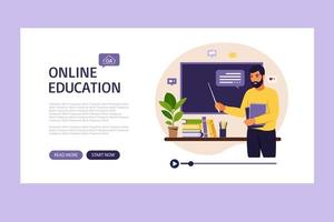 Online learning concept. Online education landing page. Teacher at chalkboard, video lesson. Distance study at school. Vector illustration. Flat style.