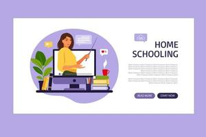 Online learning concept. Home schooling landing page. Teacher at chalkboard, video lesson. Distance study at school. Vector illustration. Flat style.