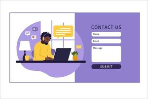 contáctenos plantilla de formulario para web. Agente de servicio al cliente masculino africano con auriculares hablando con el cliente. página de destino. atención al cliente en línea. ilustración. vector. vector