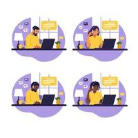 Home office concept, man working from home. Student or freelancer. Freelance or studying concept. Vector illustration. Flat style.