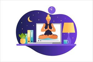 Woman doing yoga exercises. Internet yoga courses concept. Wellness and healthy lifestyle at home. Yoga classes with an online trainer. Woman teaches classes remotely. Vector illustration in flat.