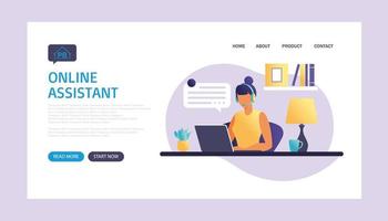 Online assistant landing page. Woman with headphones with computer. Concept illustration for support, assistance, call center. Technical support. Virtual help service. Vector illustration in flat.