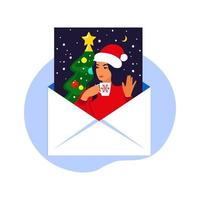 tarjeta de felicitación de navidad. mujer feliz celebrar las vacaciones de invierno. atributos de año nuevo. ilustración vectorial. plano vector