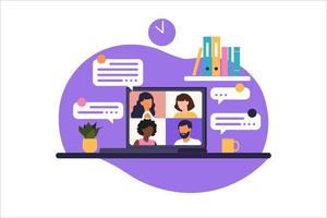 Online meeting via group call. People on computer screen speaking with colleague or friend. Illustrations concept video conference, online meeting or work from home. Vector illustration in flat.