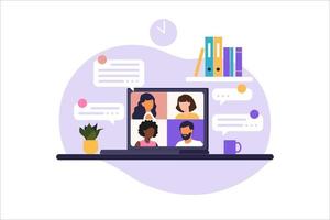 Online meeting via group call. People on computer screen speaking with colleague or friend. Illustrations concept video conference, online meeting or work from home. Vector illustration in flat.