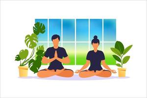 el hombre y la mujer están meditando sentados en el suelo en posición de loto y la mujer practicando yoga. bienestar y estilo de vida saludable en casa.Ilustración de vector. vector