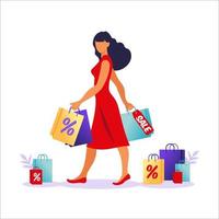 mujer joven con bolsas de papel ir con las ventas. concepto de compras en línea y fuera de línea, venta, descuento. ilustración vectorial para banner web, infografía, móvil. ilustración vectorial en estilo plano. vector