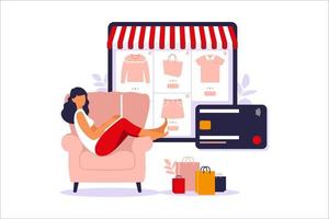 Woman shopping online on laptop. Vector illustration. Online store payment. Bank credit cards. Digital pay technology. E-paying. Flat style modern vector illustration.