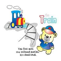 cartoon bear being a machinist and managing a passing train vector