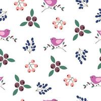 Birds pattern with berries and leaves. Cute birds on branches. Seamless pattern for textile, wallpaper and any kind of surfaces vector