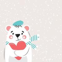 Cute polar bear enjoying snow and holding a heart. St. Valentines's day concept. Vector illustration.