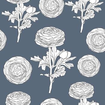 Seamless pattern floral with Persian buttercup flowers abstract background.Vector illustration hand drawn line art.fabric textile pattern print design vector