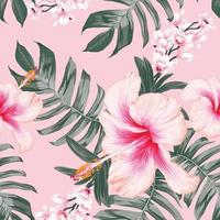patrón floral sin fisuras con flores de hibisco y orquídeas sobre fondo rosa pastel aislado.Ilustración de vector dibujado a mano.Para el diseño de impresión de moda de tela o embalaje de producto.