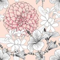 Seamless pattern floral with Hibiscus Dahlia and frangipani flowers pink pastel abstract background.Vector illustration  hand drawning line art.For fabric pint design. vector