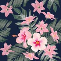 patrón floral sin fisuras con flores de hibisco y lirio sobre fondo rosa pastel aislado.Ilustración de vector dibujado a mano.Para diseño de impresión de patrón de tela o embalaje de producto.