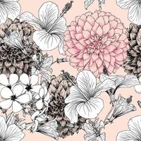 Seamless pattern floral with Hibiscus Dahlia and frangipani flowers pink pastel abstract background.Vector illustration  hand drawning line art.For fabric pint design. vector