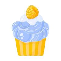 Cupcake or muffin with blue cream and raspberry. vector