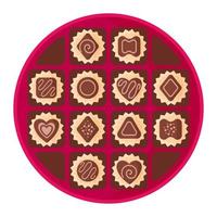 Open round pink box of chocolates vector