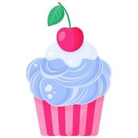 Cupcake or muffin with blue cream and cherry. vector