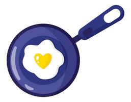 Breakfast in a frying pan. Omelette or scrambled egg with heart. vector