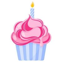 Cupcake or muffin with pink cream and candle. vector