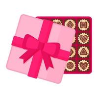 Open square pink box of chocolate dessert or candy with icing vector