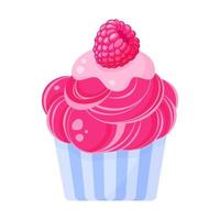 Cupcake or muffin with pink cream and raspberry. vector