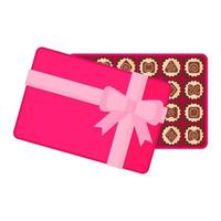 Open rectangular pink box of chocolate dessert or candy with icing vector