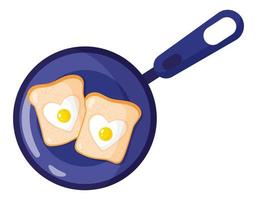 Breakfast in a frying pan. Omelet and two toasts. vector