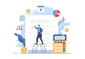 Budget Financial Analyst to Managing or Planning Spending Money at Checklist on Clipboard, Calculator and Calendar Background Vector Illustration