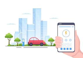 Charging Electric Car Batteries with the Concept of Charger and Cable Plugs that use Green Environment, Ecology, Sustainability or Clean Air. Vector illustration